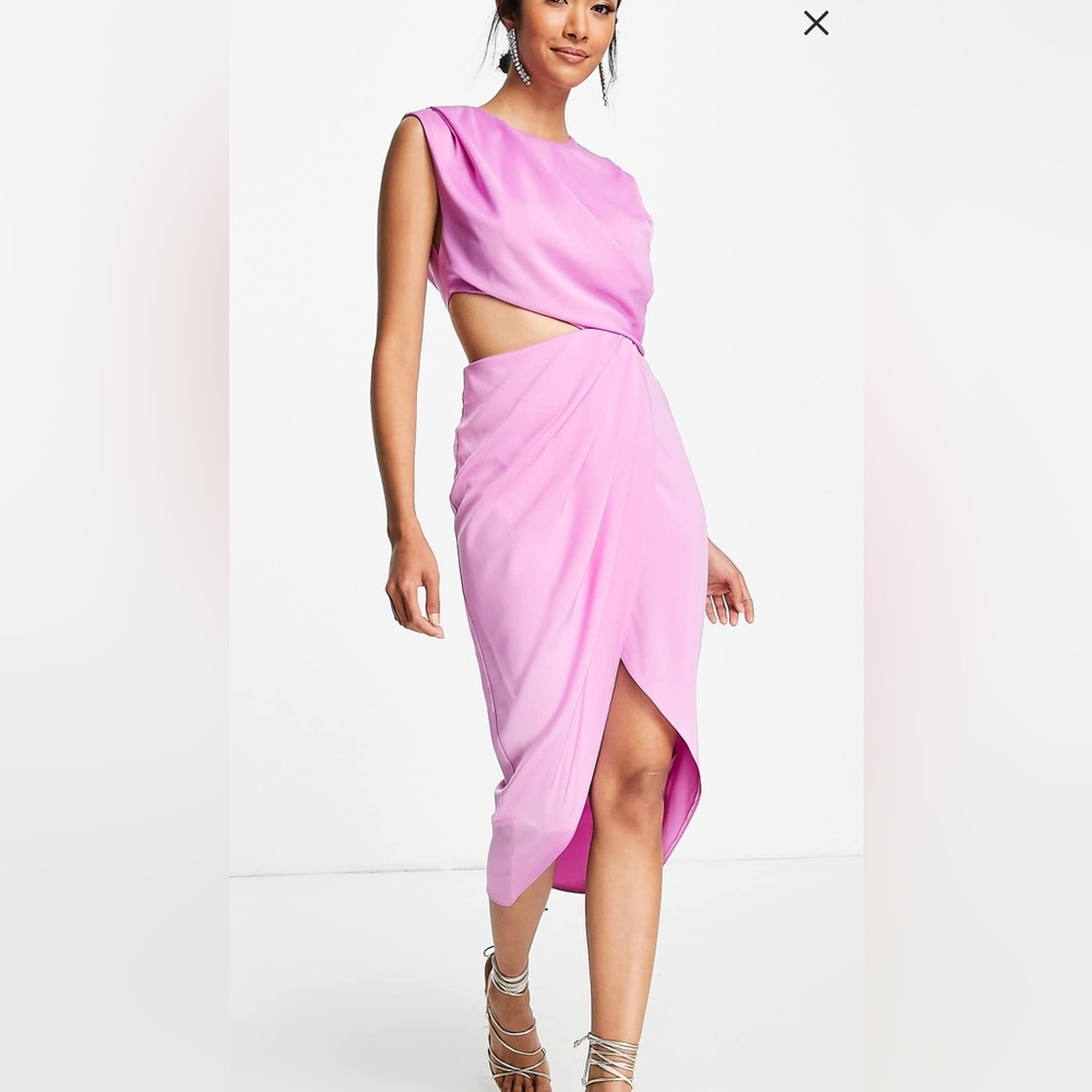 ASOS Pink Cut-Out Satin Drape Detail Midi Dress with cutout details
